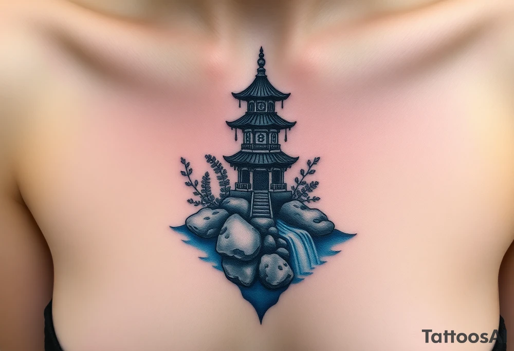 A pagoda surrounded by rocks and waterfalls, floating, on sternum, has leaves, small tattoo idea