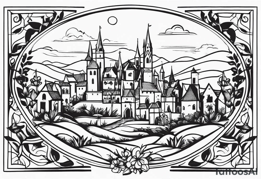 medieval tribal city 
floral  land  vignette tattoo idea