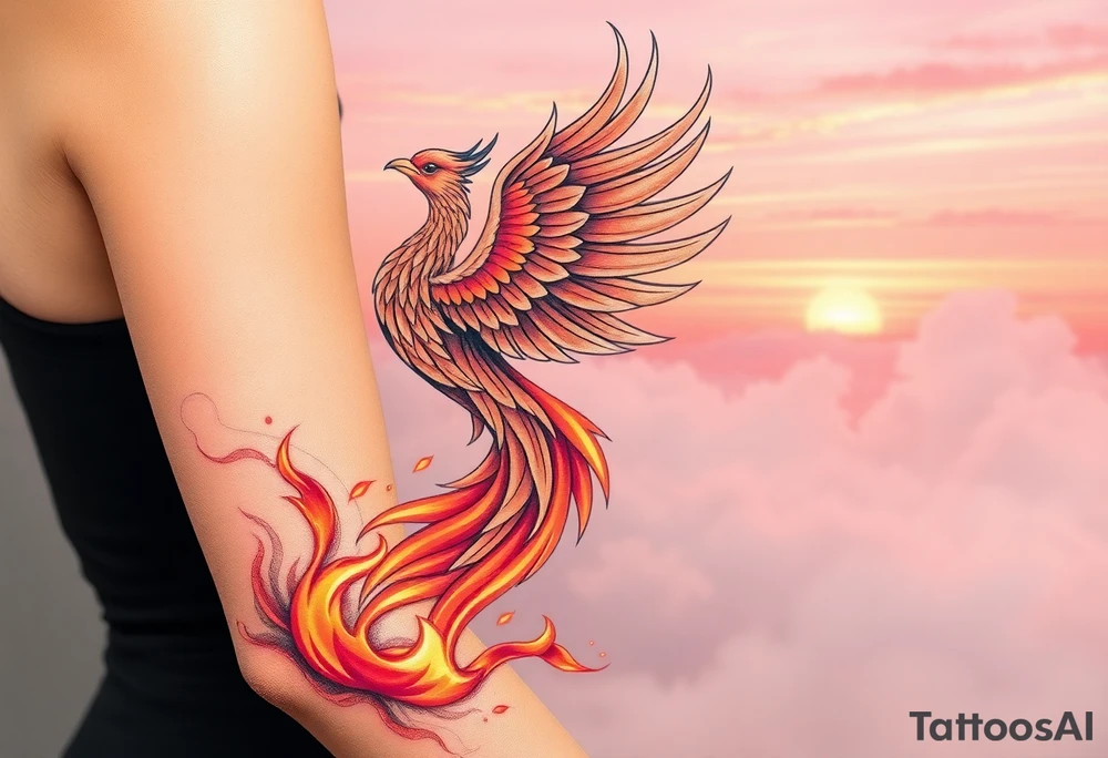 magnificent phoenix rising from flames with trailing embers with a pink and golden sunset and sky with puffy clouds and heaven backdrop tattoo idea