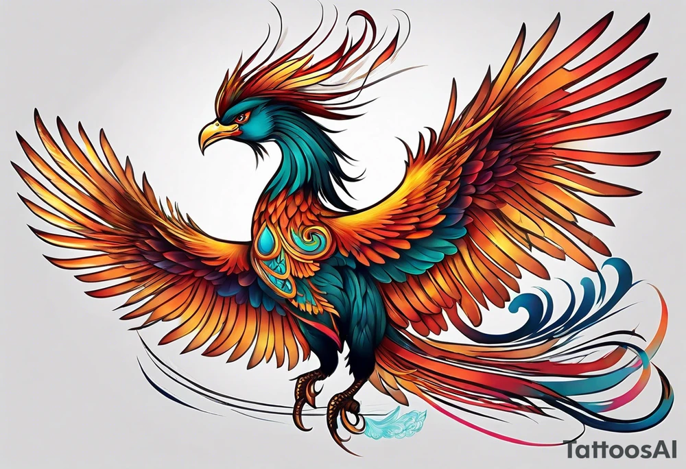 asian elegant long feathered phoenix
with a long neck, with no wings, graceful tattoo idea