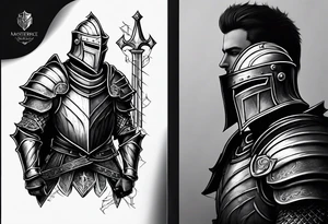 knight with heavy armor with letters RJL on chest tattoo idea