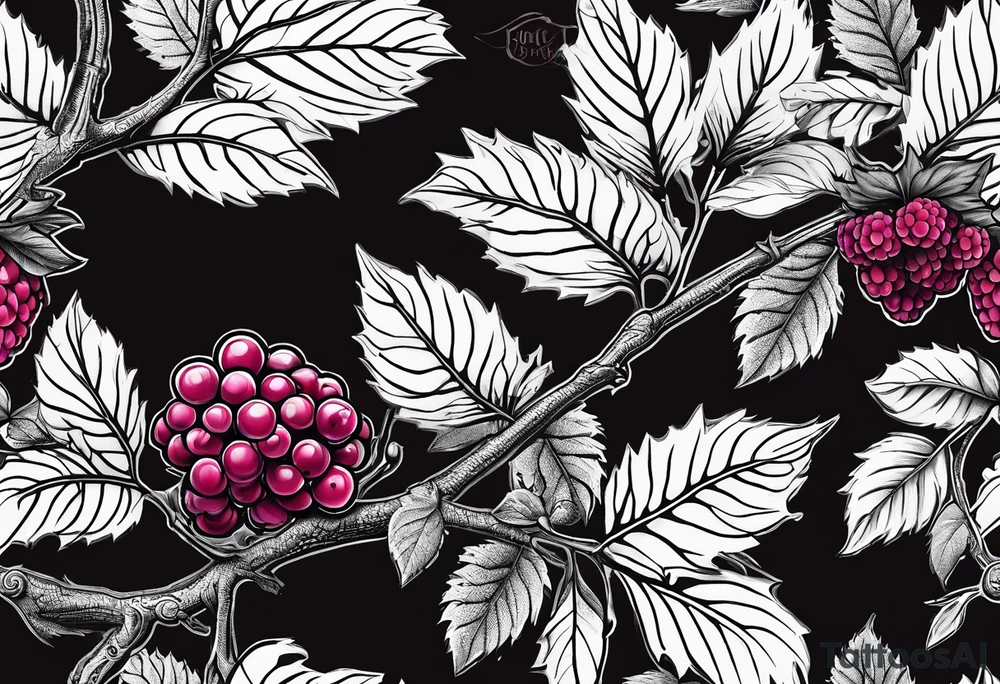 a long raspberry branch that focuses on line work. Includes a small signature in the branches that says "Popkin" tattoo idea