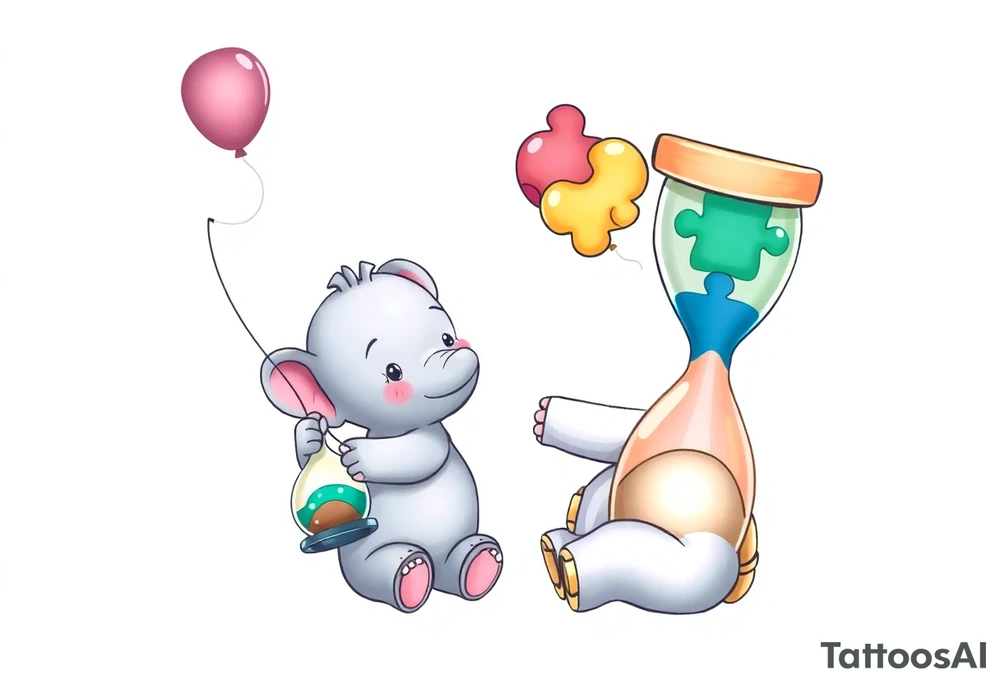 Baby elephant sitting next to an hour glass holding rainbow autism puzzle balloon tattoo idea
