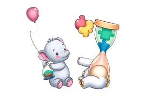Baby elephant sitting next to an hour glass holding rainbow autism puzzle balloon tattoo idea