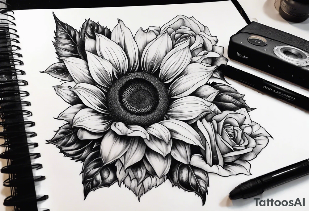 sunflower, camera, flower rose , book tattoo idea