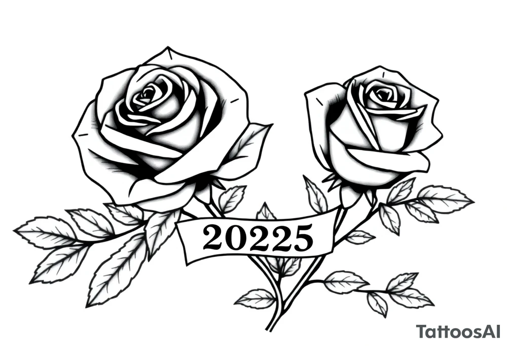 two beautiful large rose buds, one larger than the other, with many leaves next to the rose buds, with one sitting higher than the other. Include a banner connecting the two roses with the year "2025" on it.   Use dark outlines with little shading. The two stems should be short, not long, and connect and join into one stem, whimsically curved or twisted - not straight down. tattoo idea