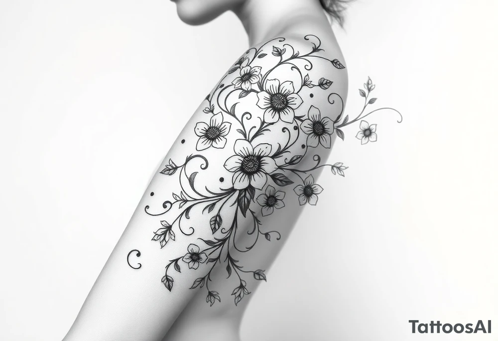 Celestial flowing swirling design elements entangled with a wild overgrown flowering vine tattoo idea