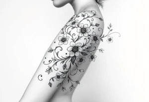 Celestial flowing swirling design elements entangled with a wild overgrown flowering vine tattoo idea