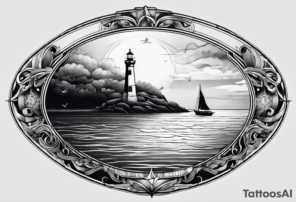 maritime lighthouse partially hidden by its large fixed sail. calm sea reflection. tattoo idea