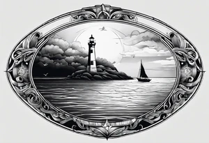 maritime lighthouse partially hidden by its large fixed sail. calm sea reflection. tattoo idea