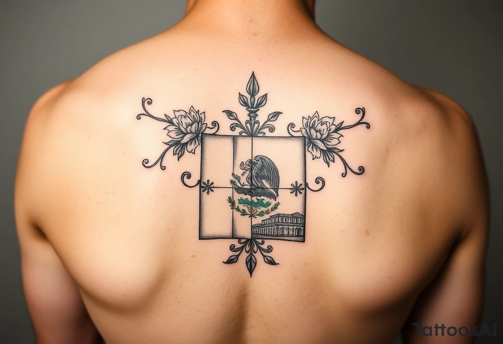 Small, feminine tattoo for placement on my clavical or lower back that reflects new life journey, delicate florals, ornaments and vines. Include Mexican flag and images of San Miguel de Allende, Mexico Style as if it is four tiles. tattoo idea
