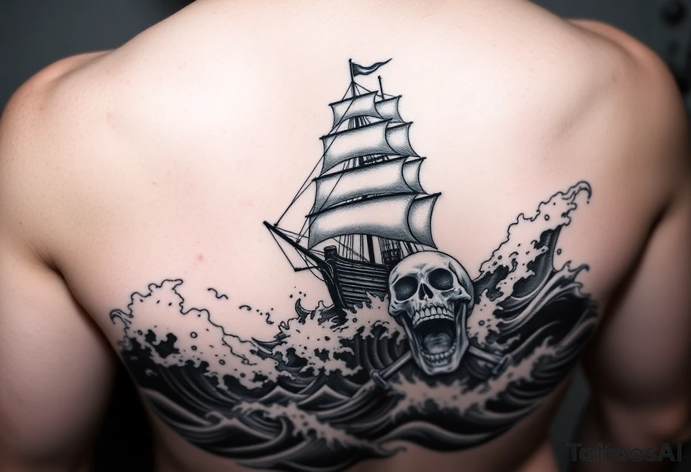 Ultra-detailed tattoo design, hyper-realistic black and grey, ghostly pirate ship emerging from stormy waves, giant skull fading into the sea foam, dramatic lighting, high contrast shading, stencil-ready, full sleeve composition, no background clutter, smooth gradient transitions. tattoo idea