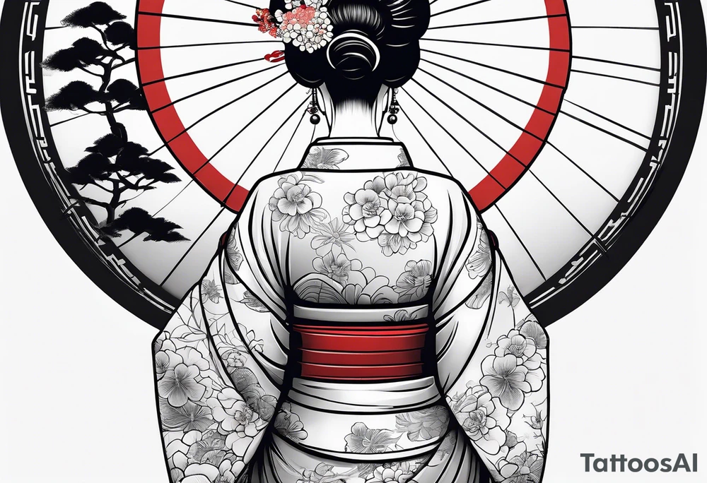 Geisha with a dress and a fan, traditional japanese style, white background tattoo idea