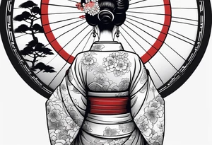 Geisha with a dress and a fan, traditional japanese style, white background tattoo idea