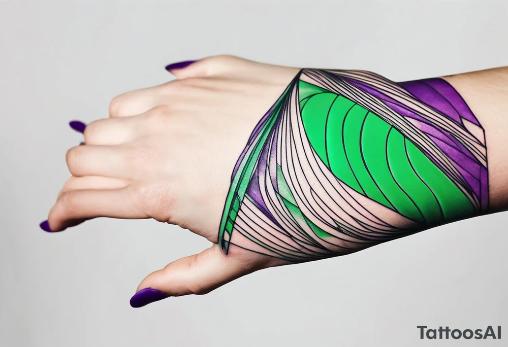 lines around wrist, abstract, green and purple, covered from wrist to forearm, fully covered, no borders, blackwork, no people tattoo idea