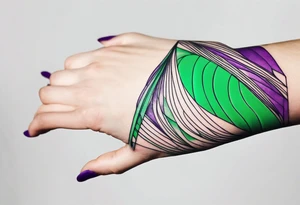 lines around wrist, abstract, green and purple, covered from wrist to forearm, fully covered, no borders, blackwork, no people tattoo idea
