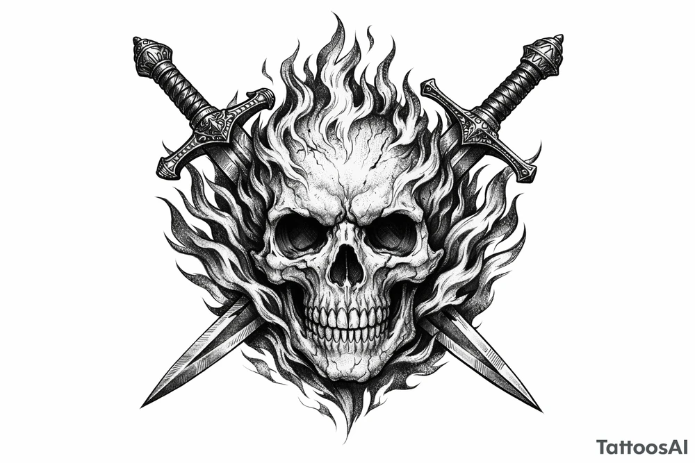A skull engulfed in stylized, vibrant flames, crossed by two ornate swords. tattoo idea