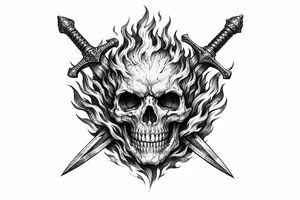 A skull engulfed in stylized, vibrant flames, crossed by two ornate swords. tattoo idea