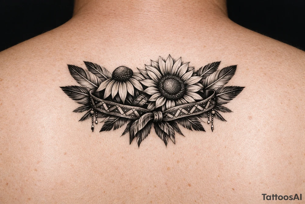 Coneflower and sunflower with feathers and female Indian headband ribboned through tattoo idea