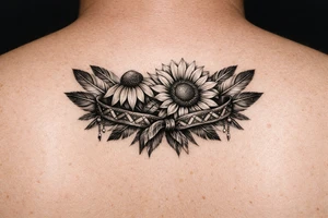 Coneflower and sunflower with feathers and female Indian headband ribboned through tattoo idea