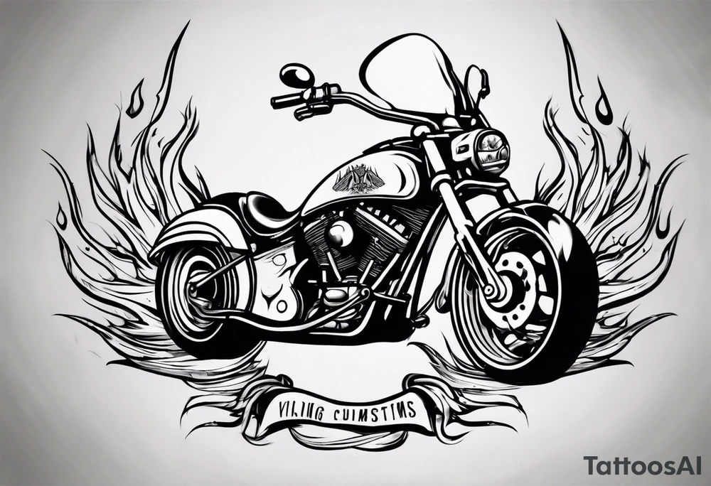 I want a detailed tattoo of a motorcycle surrounded by flames with the company name “Viking Customs” incorporated in the design tattoo idea