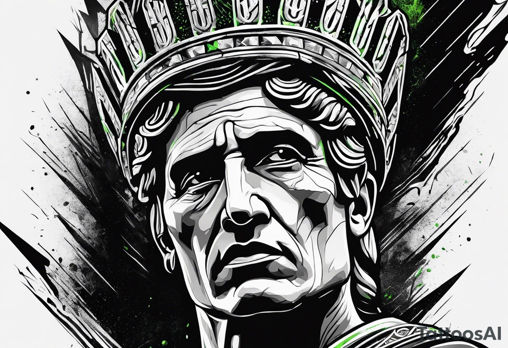 Julius Caesar tattoo with streaks of neon green lightning tattoo idea