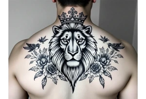 powerful majestic lion with a crown, surrounded by floral ornaments and birds tattoo idea