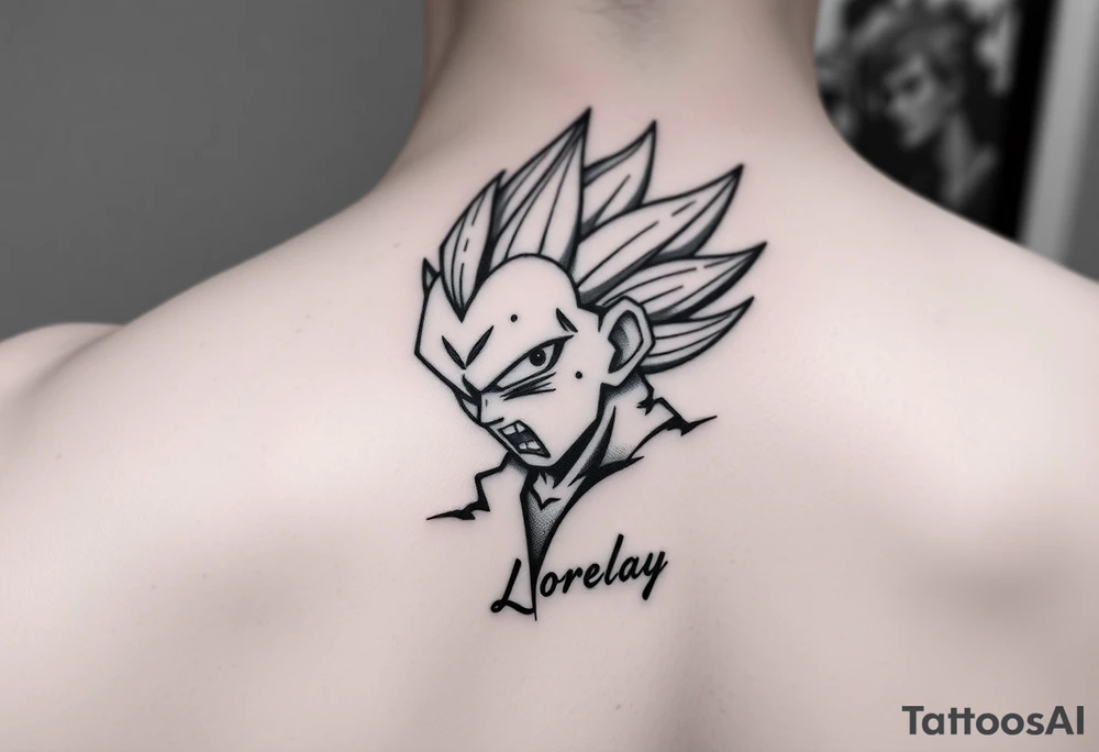 Créame un diseño en miniatura para la parte baja del bicep de una personaje principal de dragón Ball z con el nombre de lorelay escrito por debajo del diseño tattoo idea
