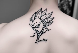 Créame un diseño en miniatura para la parte baja del bicep de una personaje principal de dragón Ball z con el nombre de lorelay escrito por debajo del diseño tattoo idea
