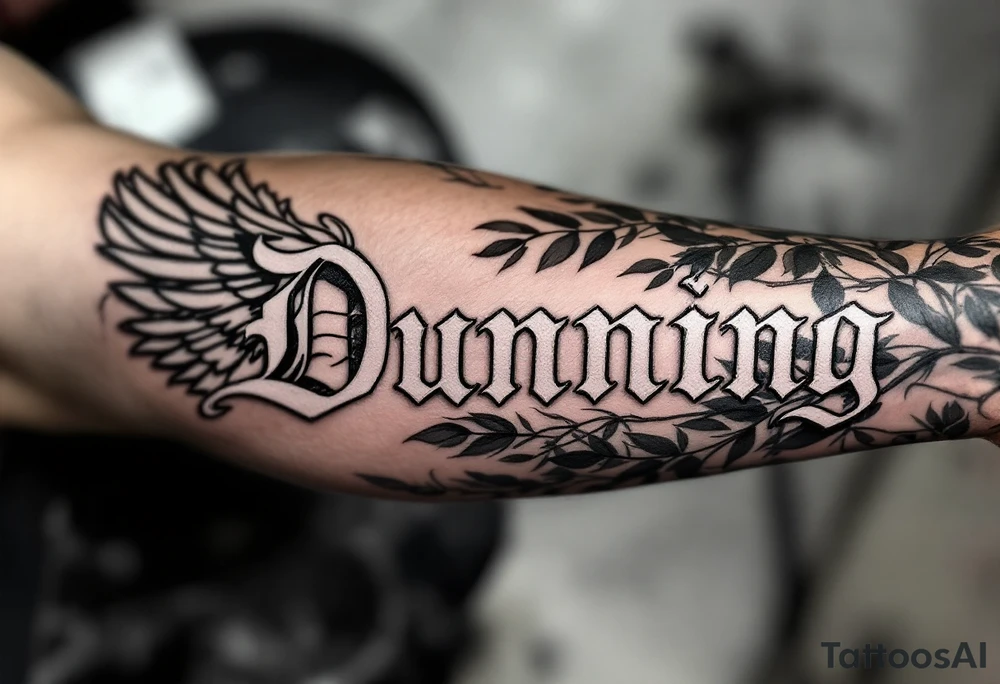 Dunning, left forearm details include angel wing, greek type of font,jungle leaves, name in white color tattoo idea