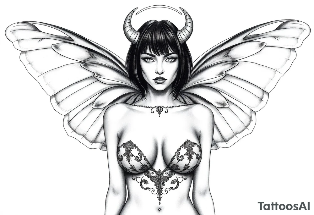 A powerful extremely sexy depiction of a start date with angel wings resembling that of a lunar moth and horns resembling the moths antennas with the son of of her head as if a Halo with two crescent men's off to each side full frontal nude with exotic see through lingerie with a sensual enticing glare short hair length of approximately 8 inches tattoo idea
