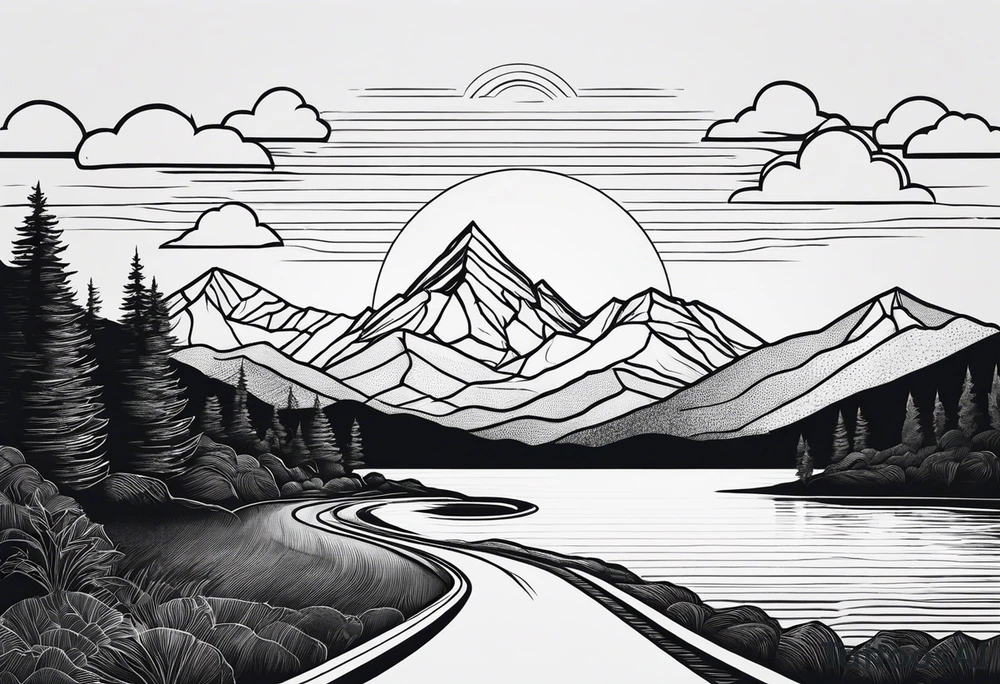 mountains, lake, road, sun tattoo idea