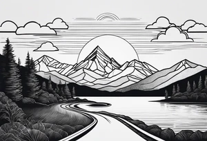 mountains, lake, road, sun tattoo idea