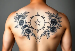 Flower sleeve surrounded by moon and star design for arm tattoo idea