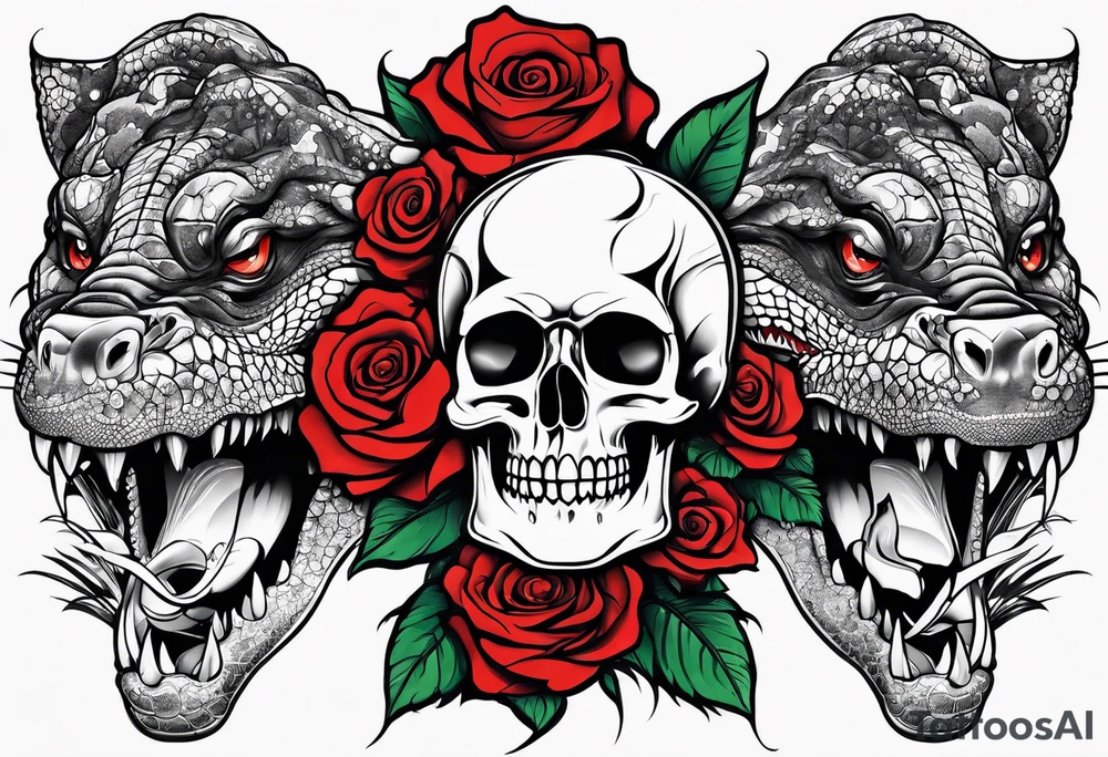 Arm sleeve with skulls alligators and roses pythons tattoo idea
