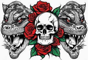 Arm sleeve with skulls alligators and roses pythons tattoo idea