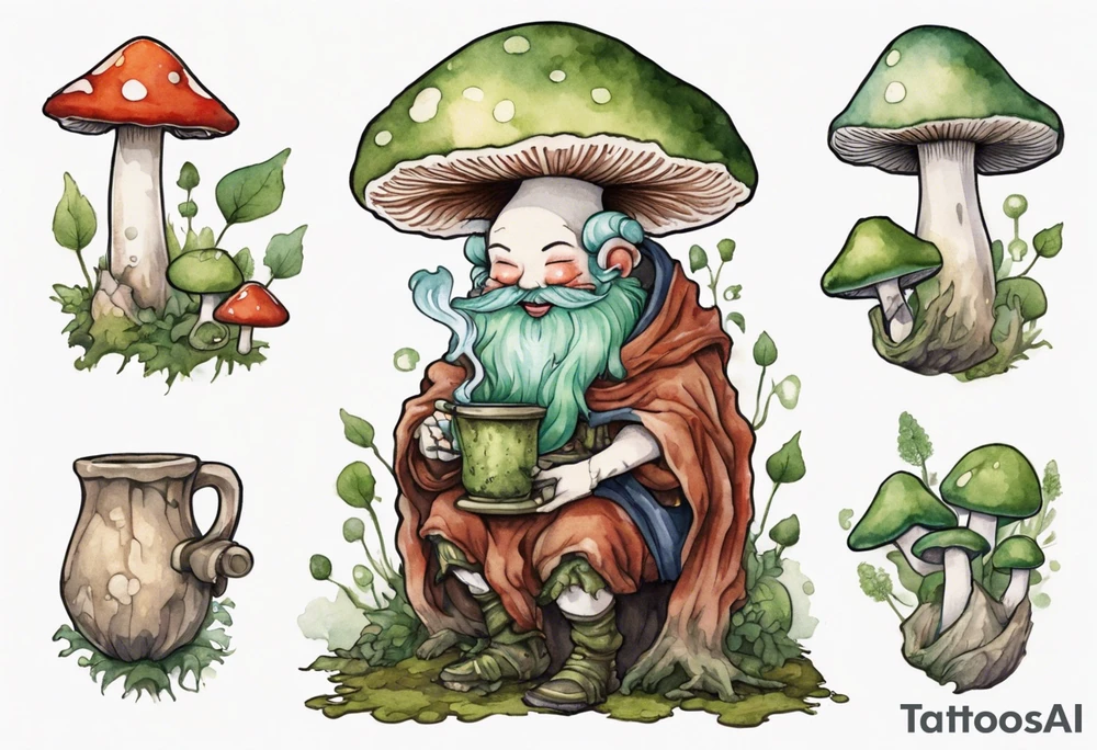 a mushroom person with a smiling moss face wearing a medieval tunic drinking from a wood cup tattoo idea
