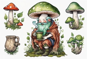 a mushroom person with a smiling moss face wearing a medieval tunic drinking from a wood cup tattoo idea