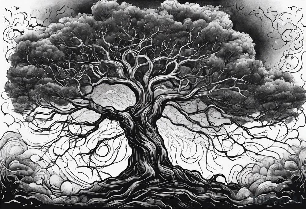 a barron tree struck by lightning, the branches resemble a brain and its spark of life. the ground below the tree is cracked symbolizing the broken connection between creator and creation tattoo idea