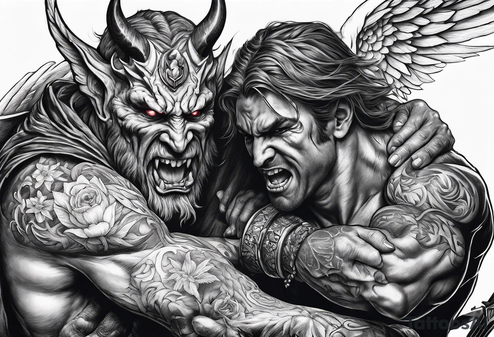 Demon being stabbed in the back by angel tattoo idea