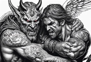 Demon being stabbed in the back by angel tattoo idea