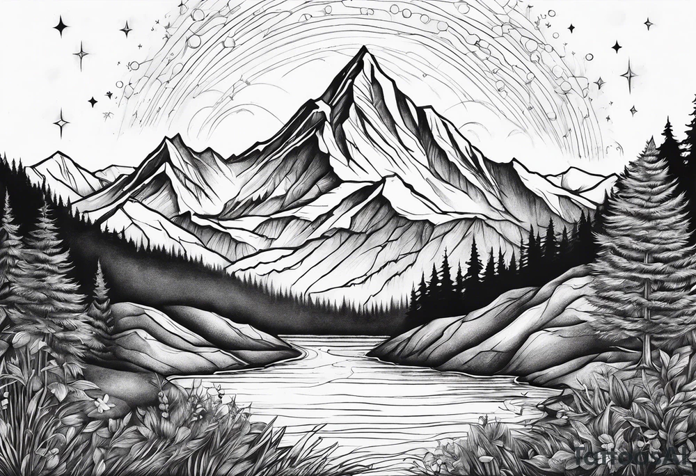 mountains, nature, stars, cross, waterfall, water tattoo idea