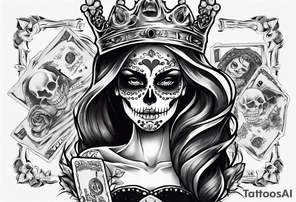 santa la muerta with money and crown
on the card tattoo idea