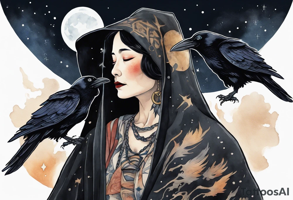 a beautiful 50-year-old Dakota woman wearing black cloak with ravens on her shoulders with the night sky in the background tattoo idea