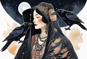 a beautiful 50-year-old Dakota woman wearing black cloak with ravens on her shoulders with the night sky in the background tattoo idea