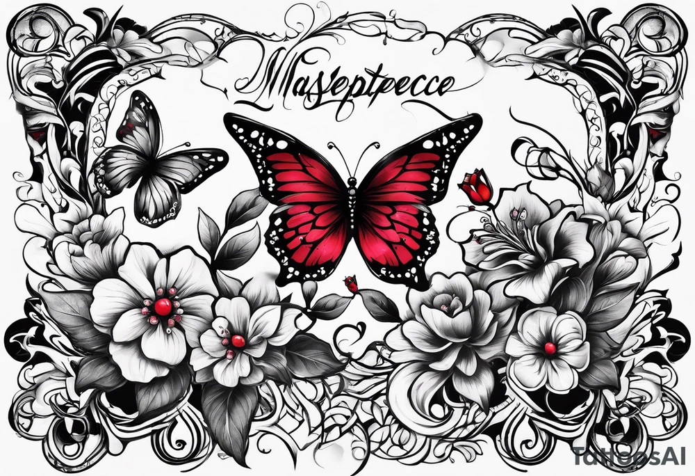 Flowers with "Ruby" in calligraphy font and butterflies around it tattoo idea