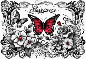 Flowers with "Ruby" in calligraphy font and butterflies around it tattoo idea
