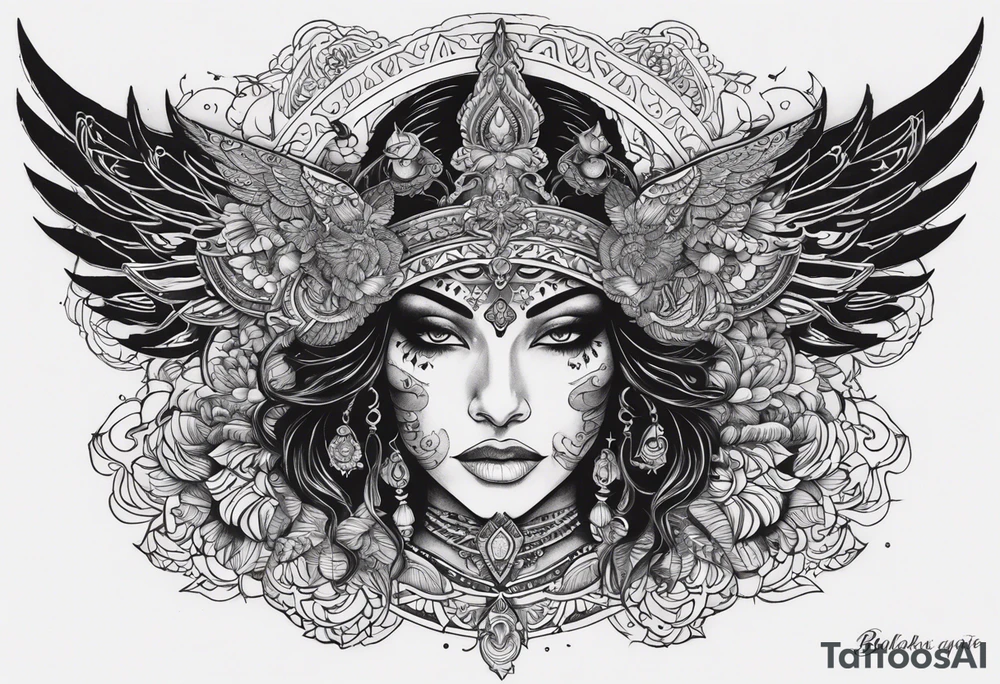 black kali, goddess pirate, alien, angel, pachamama, valkrye, warrior, flying, skull, lotus azul, wing, eagle, zenza resonance, stars, 5D, anahata chakra, death, durga, riding on a tiger, flying lady, chest tatoo tattoo idea