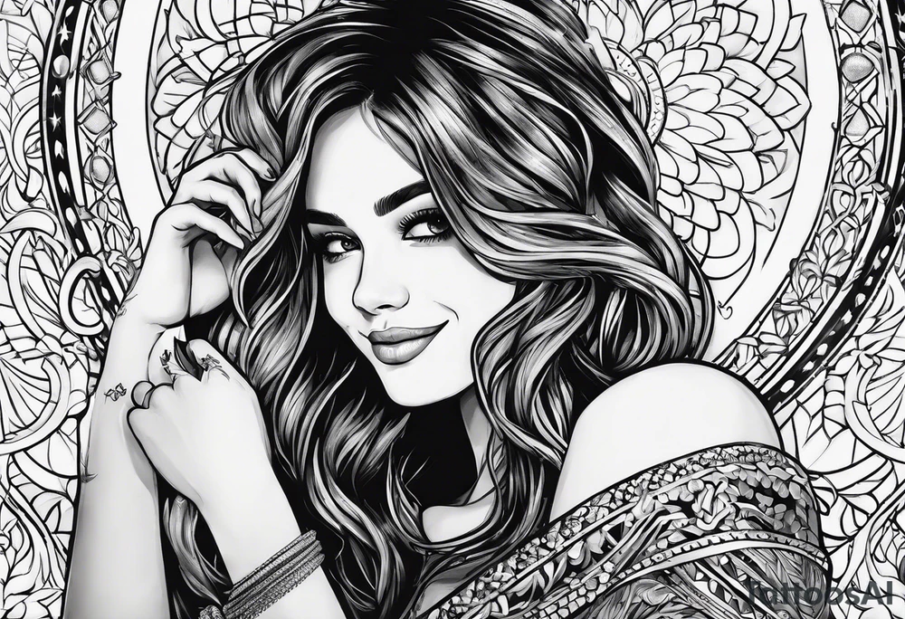 A girl at a night-time concert smiling and having a good time with one hand up. tattoo idea