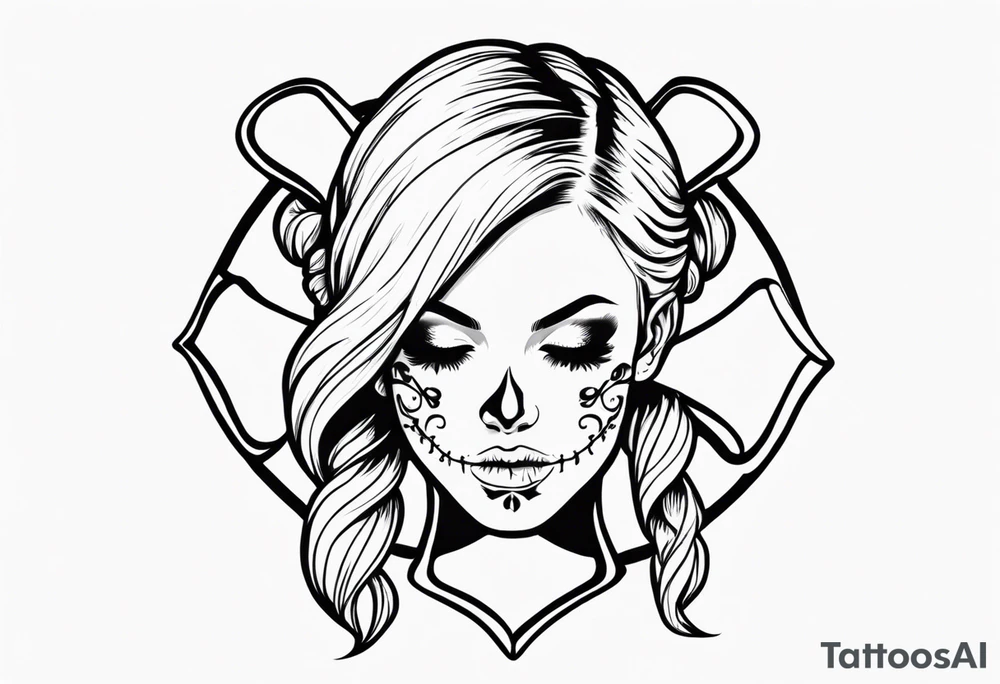 feminine skull and cross bones with hair in two blonde pigtails tattoo idea